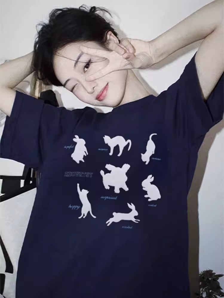 200克 精梳純棉新款T恤女寬鬆大碼設計潮牌版印花上衣