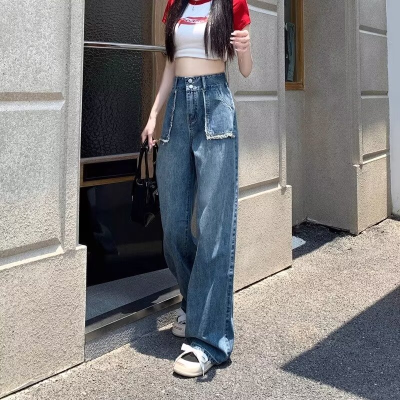 中性新款春季鹽系時尚百搭潮ins甜酷直筒牛仔褲高街長褲女生
