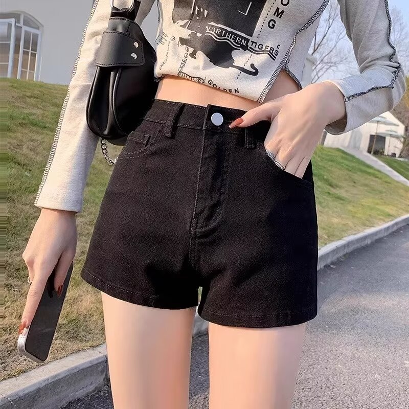 年新款淺藍色修身顯瘦彈力牛仔短褲女夏季黑色高腰