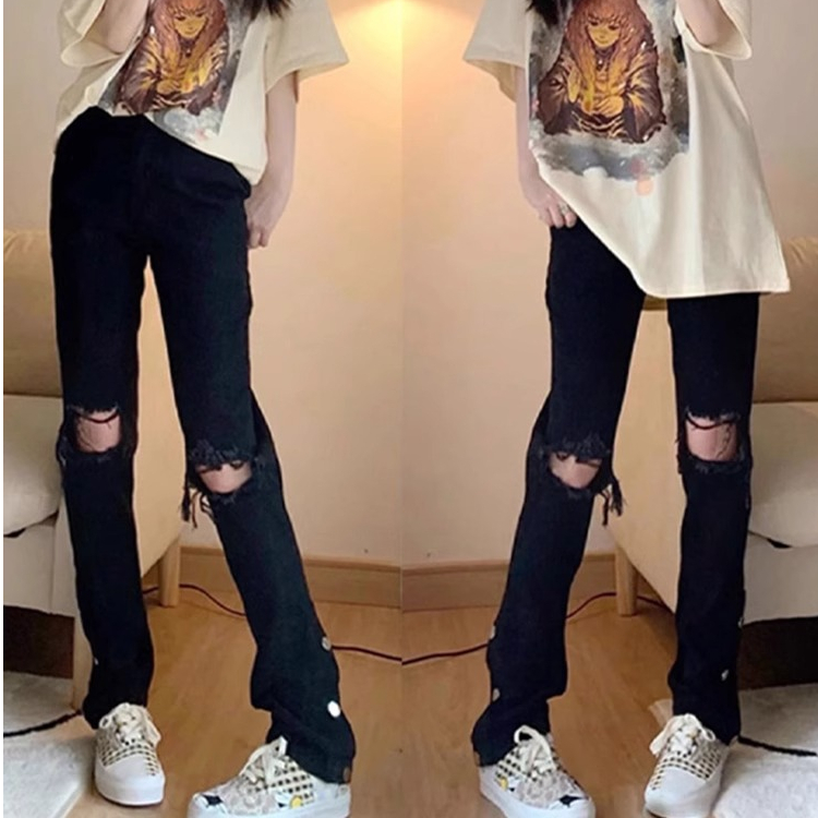 美式黑色直筒破洞牛仔褲女春季2024新款高腰顯瘦寬鬆顯瘦開叉褲子