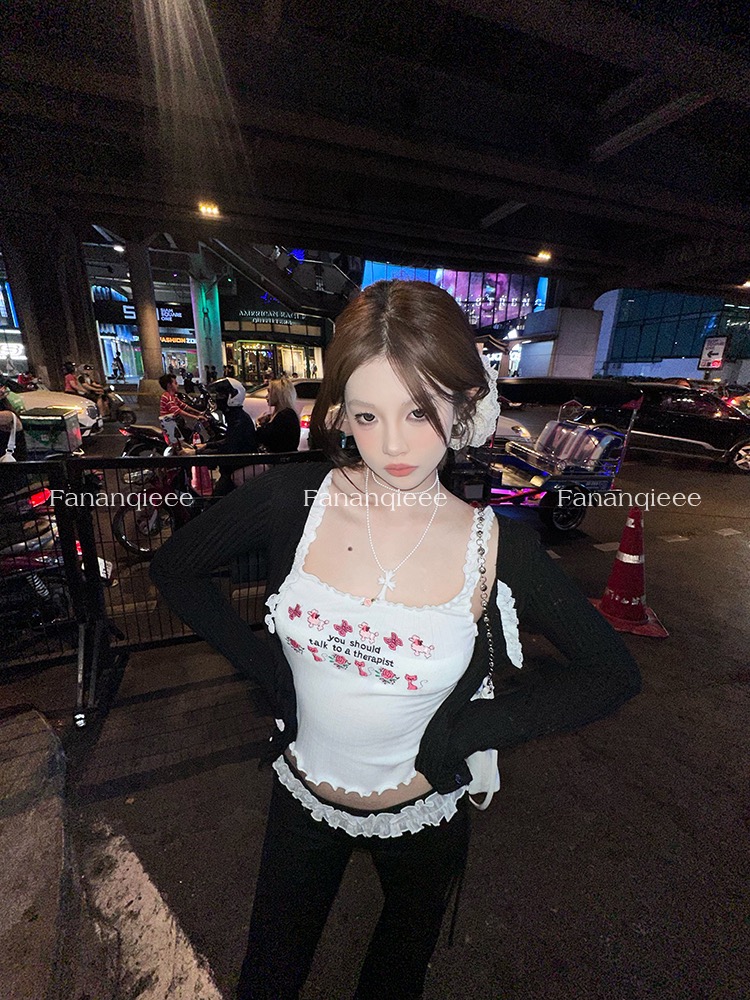 番茄俠 美式honey 甜辣感蕾絲花邊刺繡背心上衣女春修身吊帶上衣