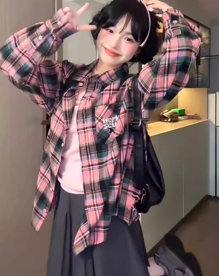 美式復古法式格子長袖襯衫女春秋薄款新款設計感小眾上衣外套