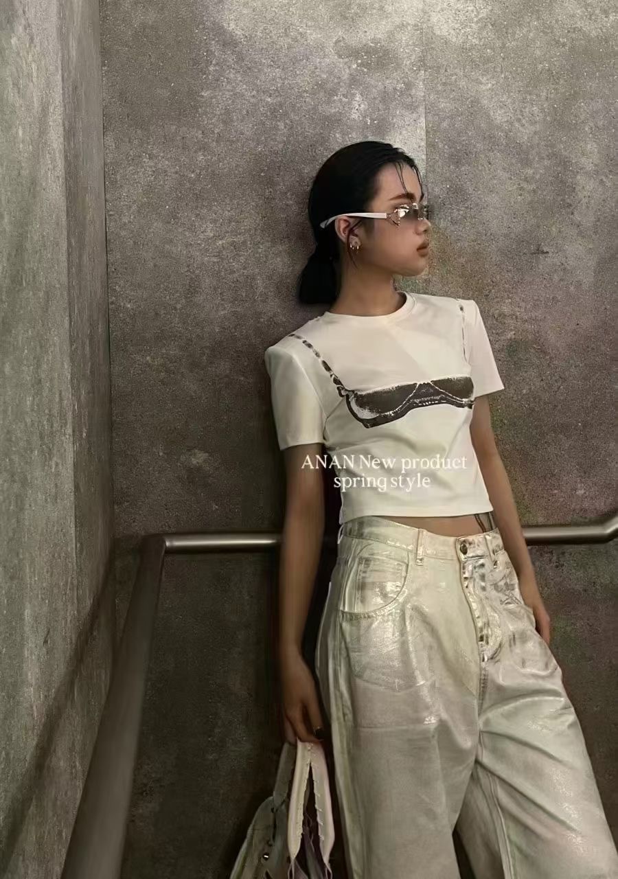 ANAN新款美式印花短袖T恤女2024春夏韓版修身顯瘦百搭上衣
