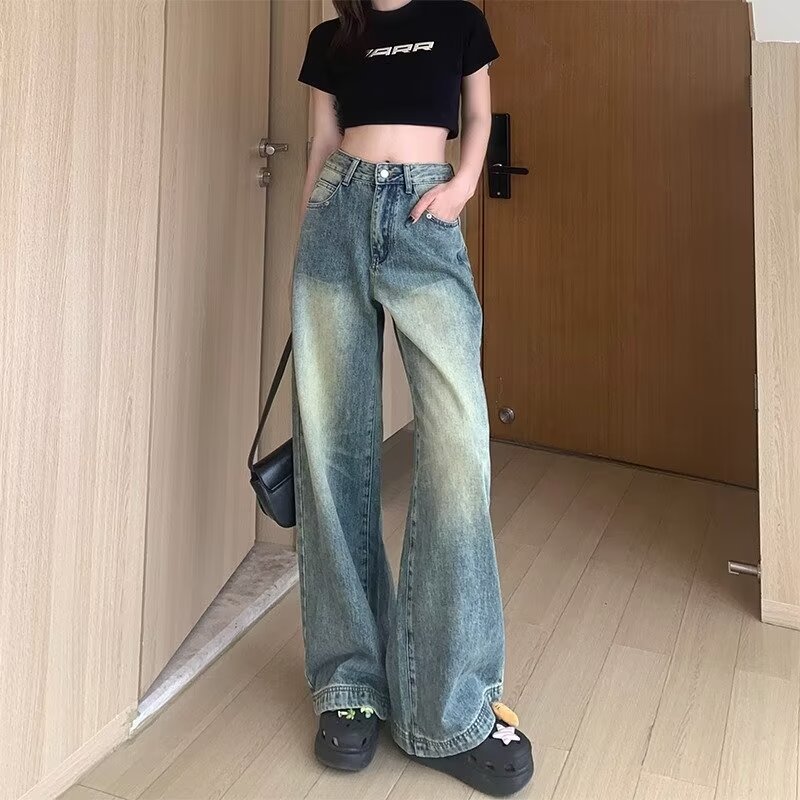 美式復古高腰闊腿牛仔褲子女春夏水洗寬鬆休閒垂感直筒拖地長褲子