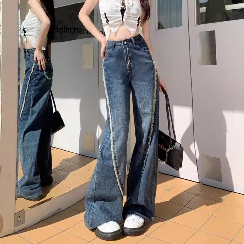 復古做舊毛邊牛仔褲女高腰顯瘦直筒闊腿褲子拖地褲2024情侶