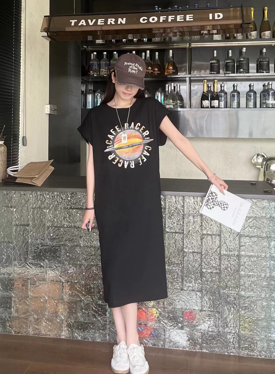 歐貨ZW夏季新款復古設計感星球印花圓領套頭寬鬆短袖T恤連衣裙女