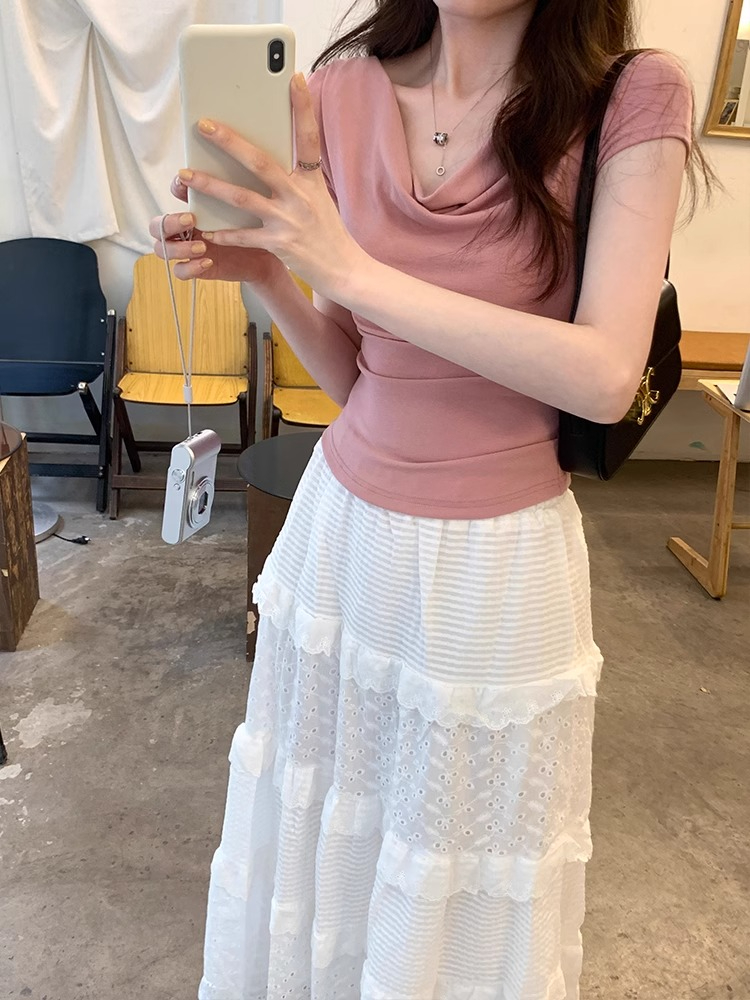 時尚盪領夏季辣妹外穿短袖T恤女2024新款韓版一字肩收腰顯瘦上衣