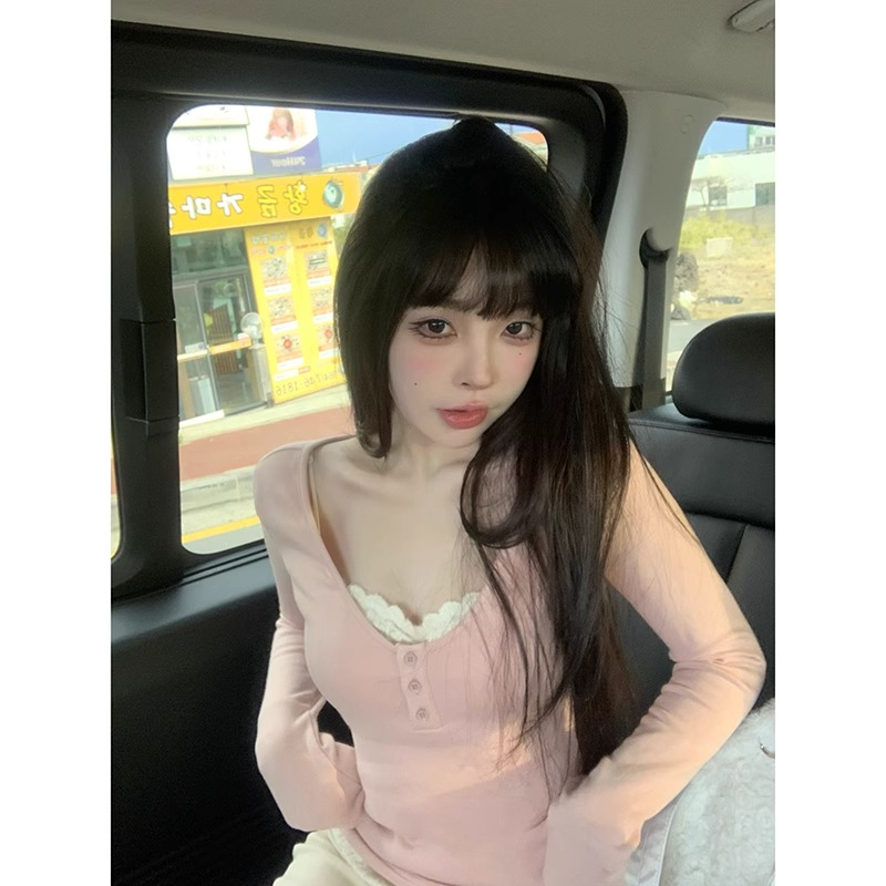德絨 芭蕾風蕾絲假兩件粉色女裝秋冬季新