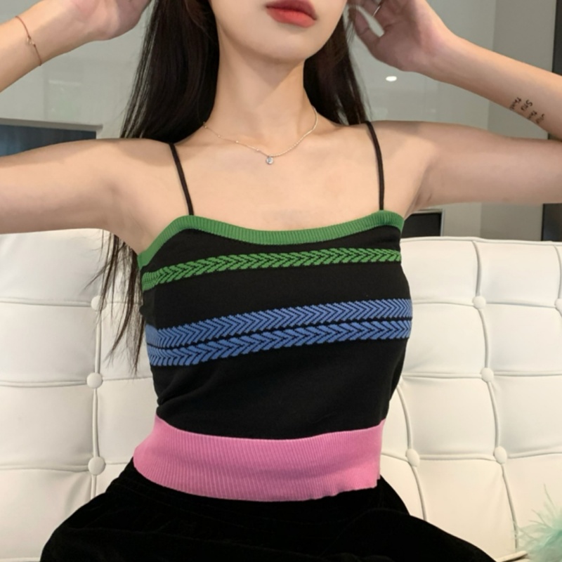 小個子短款露臍修身顯瘦針織吊帶衫女新款拼色條紋薄款外穿小背心