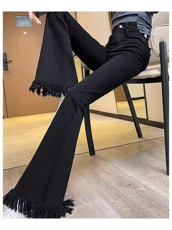 大碼黑色微喇叭牛仔褲女2024年新款春夏彈力高腰寬鬆顯瘦馬蹄褲子
