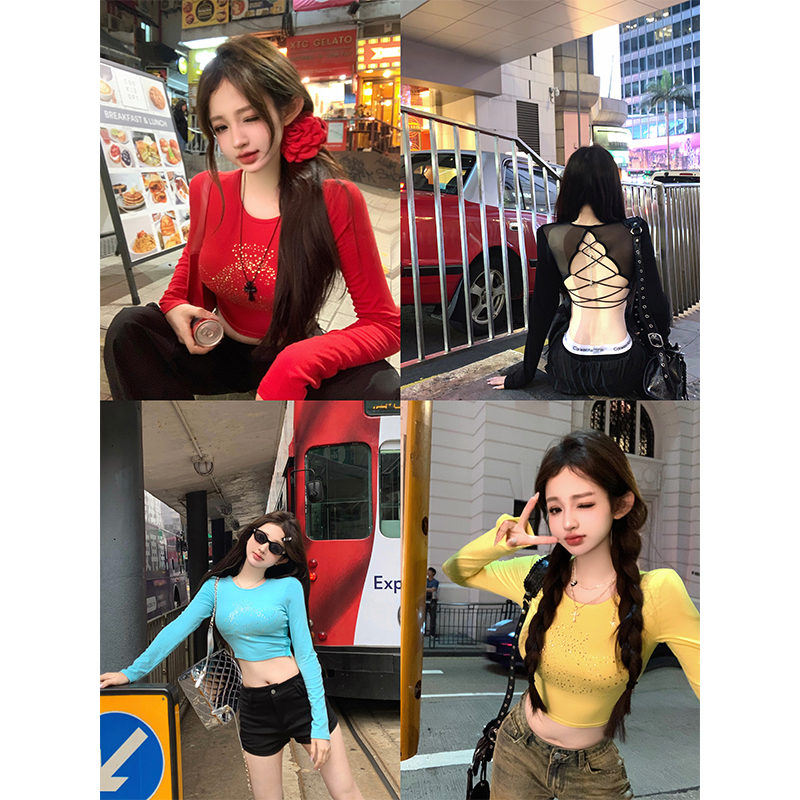 實拍 星球燙鑽T恤 設計感露背顯瘦辣妹長袖上衣女帶胸墊
