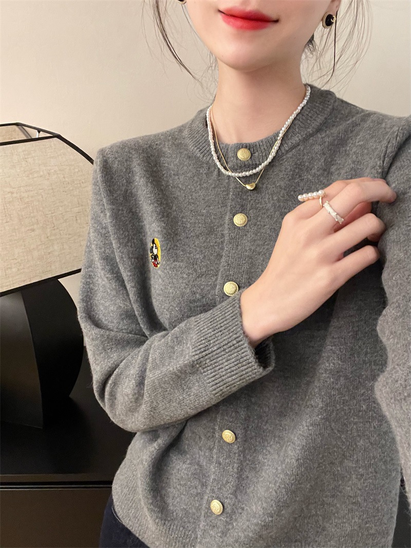 European soft waxy round neck contrast color Mickey embroidered sweater spring and autumn new versatile temperament cardigan for women