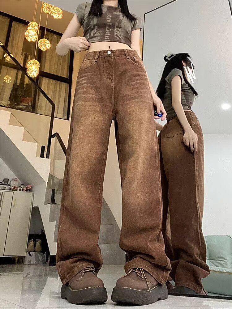 美式高街復古牛仔褲直筒寬鬆顯瘦酷女孩顯腿長辣妹穿腿休閒