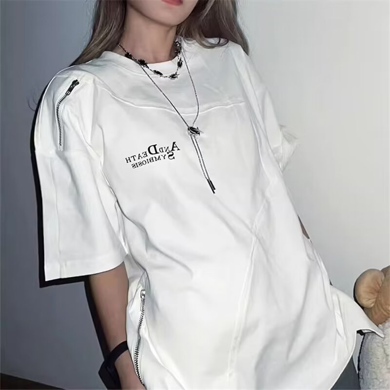 美式國潮短袖T恤oversize女夏季街頭潮牌設計感拉鏈拼接重磅上衣