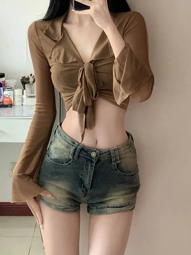 辣妹復古做舊牛仔短褲女夏季薄款高腰直筒a字超短褲緊身包臀熱褲
