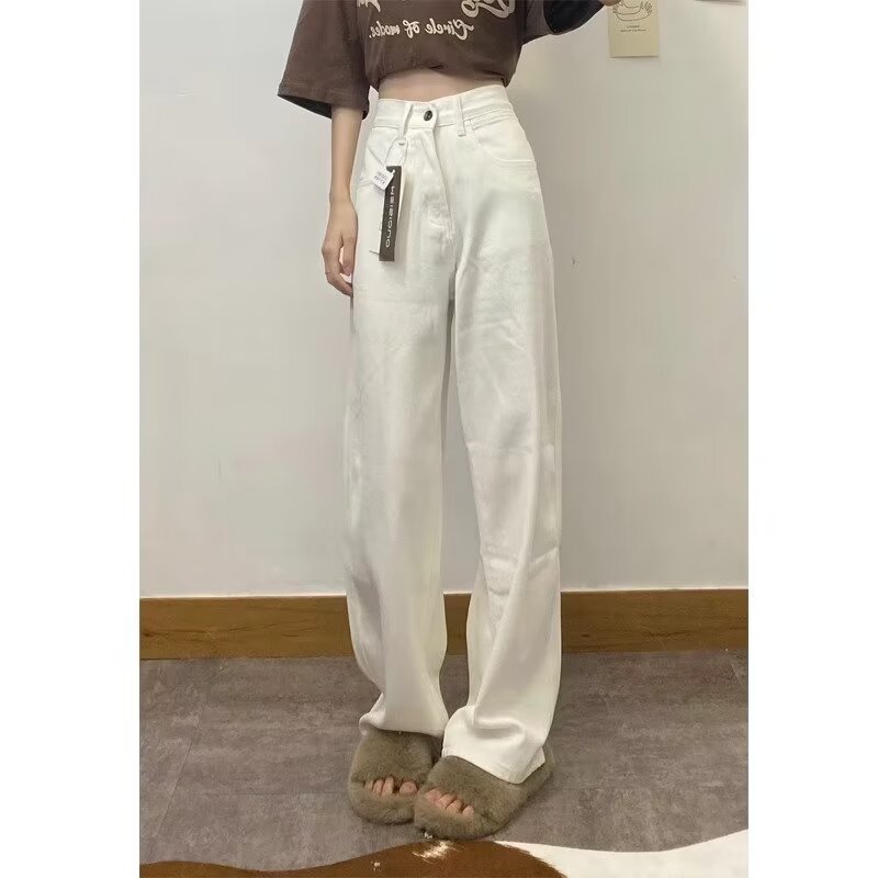 2024夏季新款韓版大碼胖mm直筒牛仔褲女高腰寬鬆顯瘦牛仔闊腿褲子