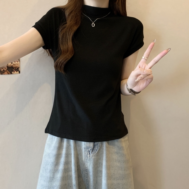 實拍  40支純棉 2024夏裝半高領短袖T恤女in修身無袖