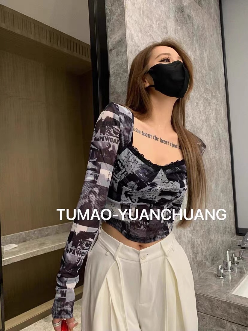 TUMAO 2024春季新款韓版設計塗鴉網紗花邊拼接顯瘦打底上衣女