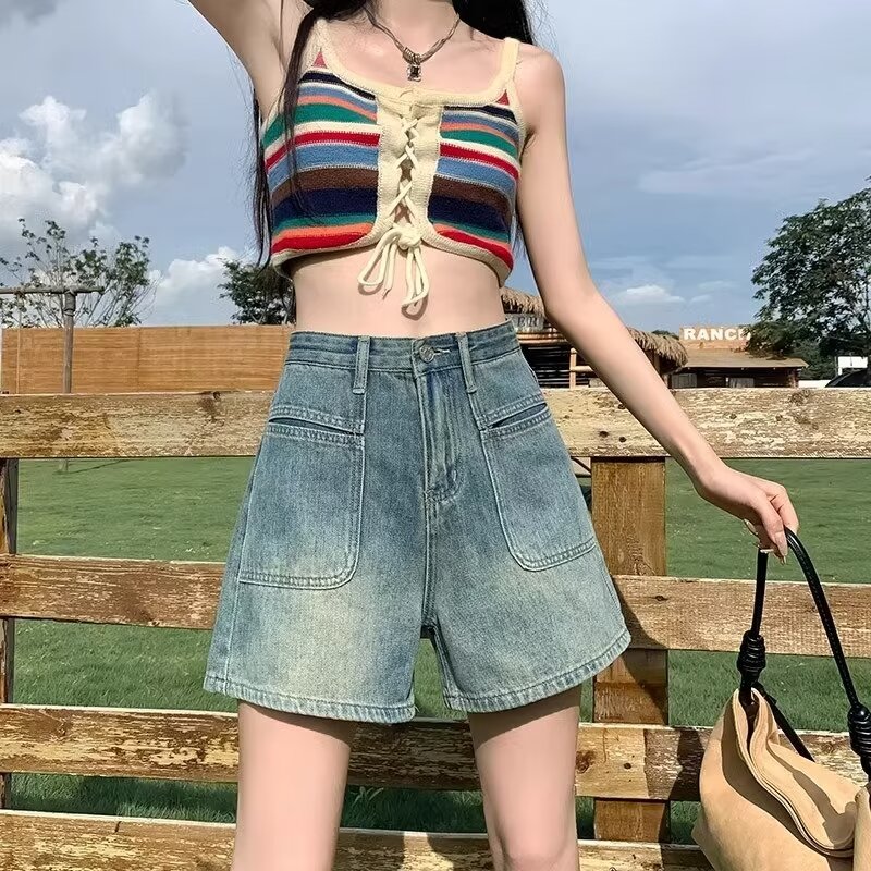 淺色闊腿牛仔褲高腰a字短褲女寬鬆顯瘦薄款夏季時尚白色牛仔短褲