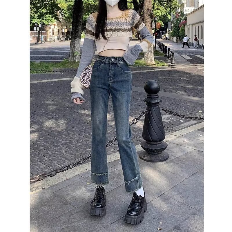 美式辣妹微喇牛仔褲女2024年新款韓版復古百搭顯瘦排扣開叉拖地褲