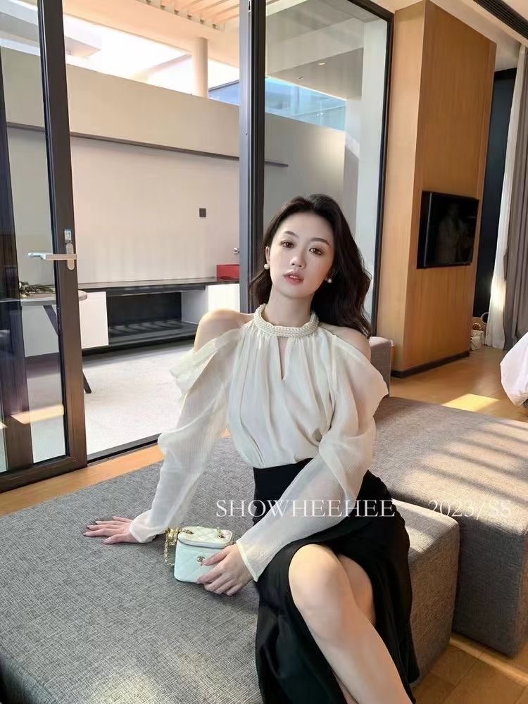 showheehee秋新款立領拼接網紗木耳邊珍珠設計別致上衣女長袖襯衣