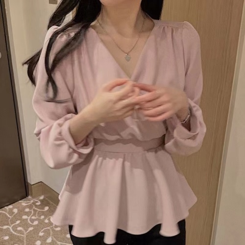 韩版 早春新款优雅V领气质纯色收腰长袖衬衫