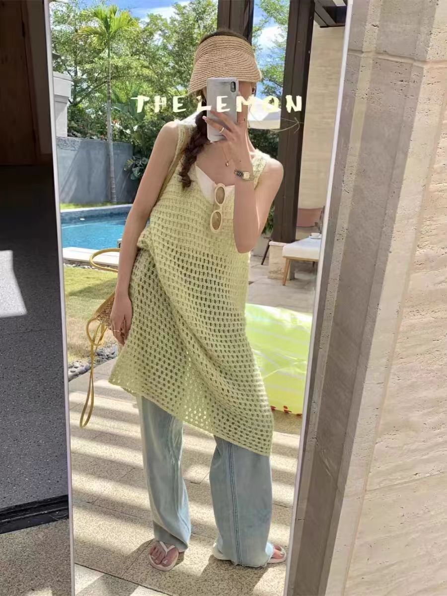 疊穿毛線網格連衣裙女2024年新款寬鬆顯瘦時髦洋氣背心中長裙罩衫