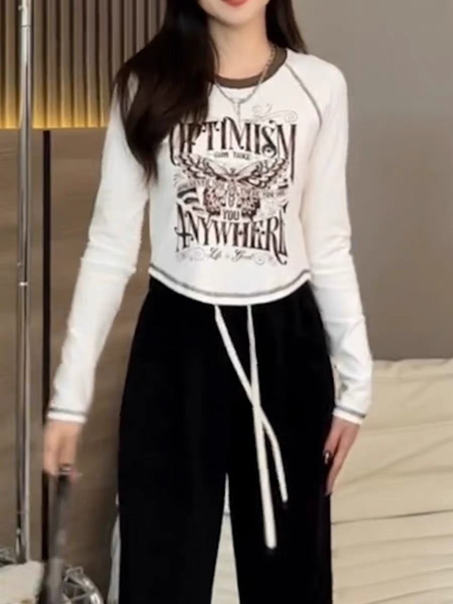 早春季新款修身顯瘦長袖T恤內搭打底衫正肩小個子短款上衣女