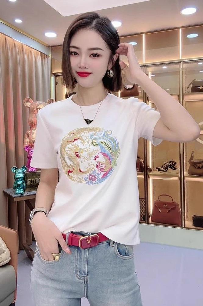 復古國風龍紋印花短袖t恤女春夏2024新款圓領打底衫百搭顯瘦上衣