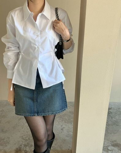 韩国chic 早春 绑带 长袖衬衫