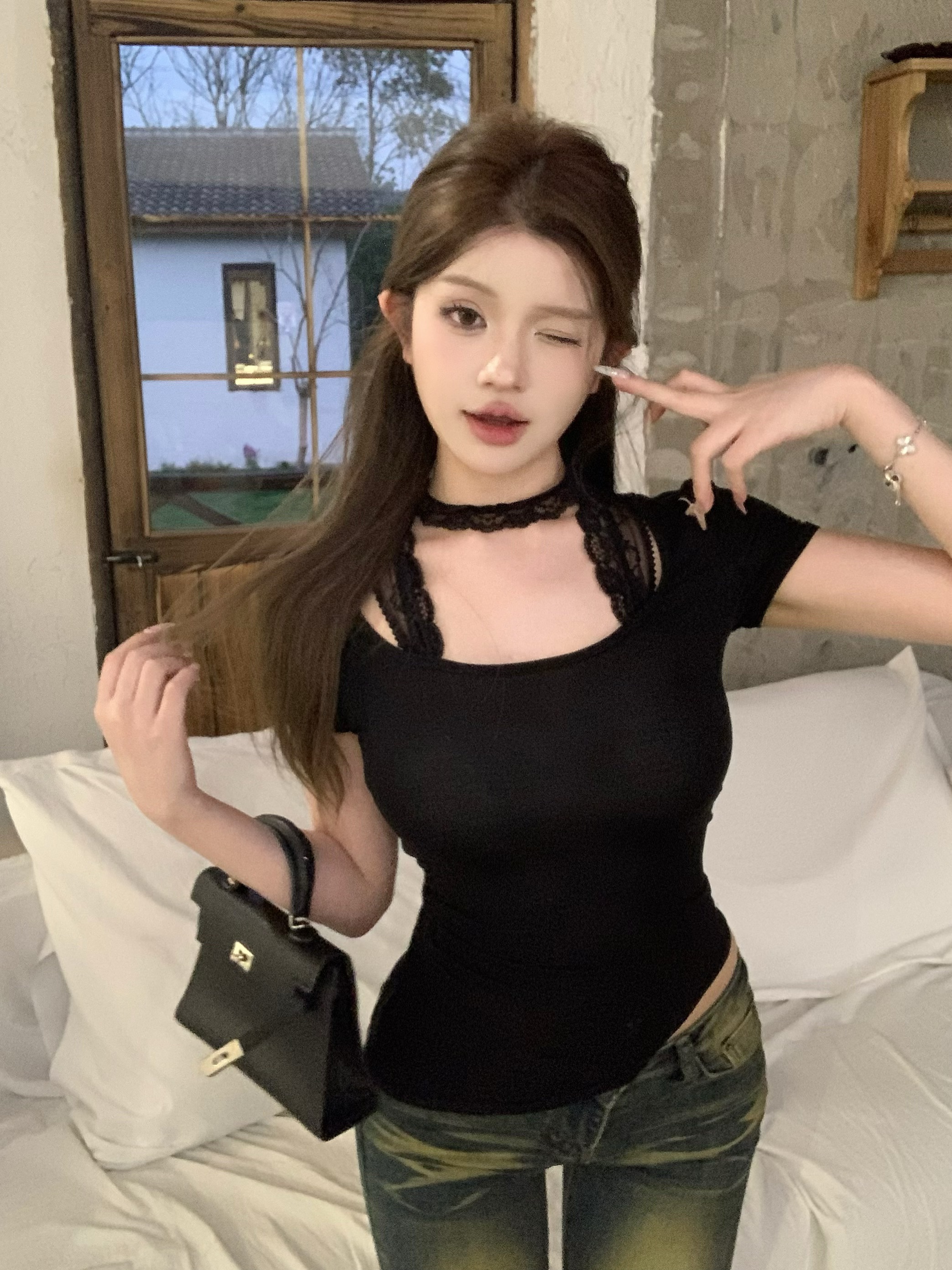 實拍 純欲因子 掛脖蕾絲設計感白色短袖T恤女不規則百搭上衣