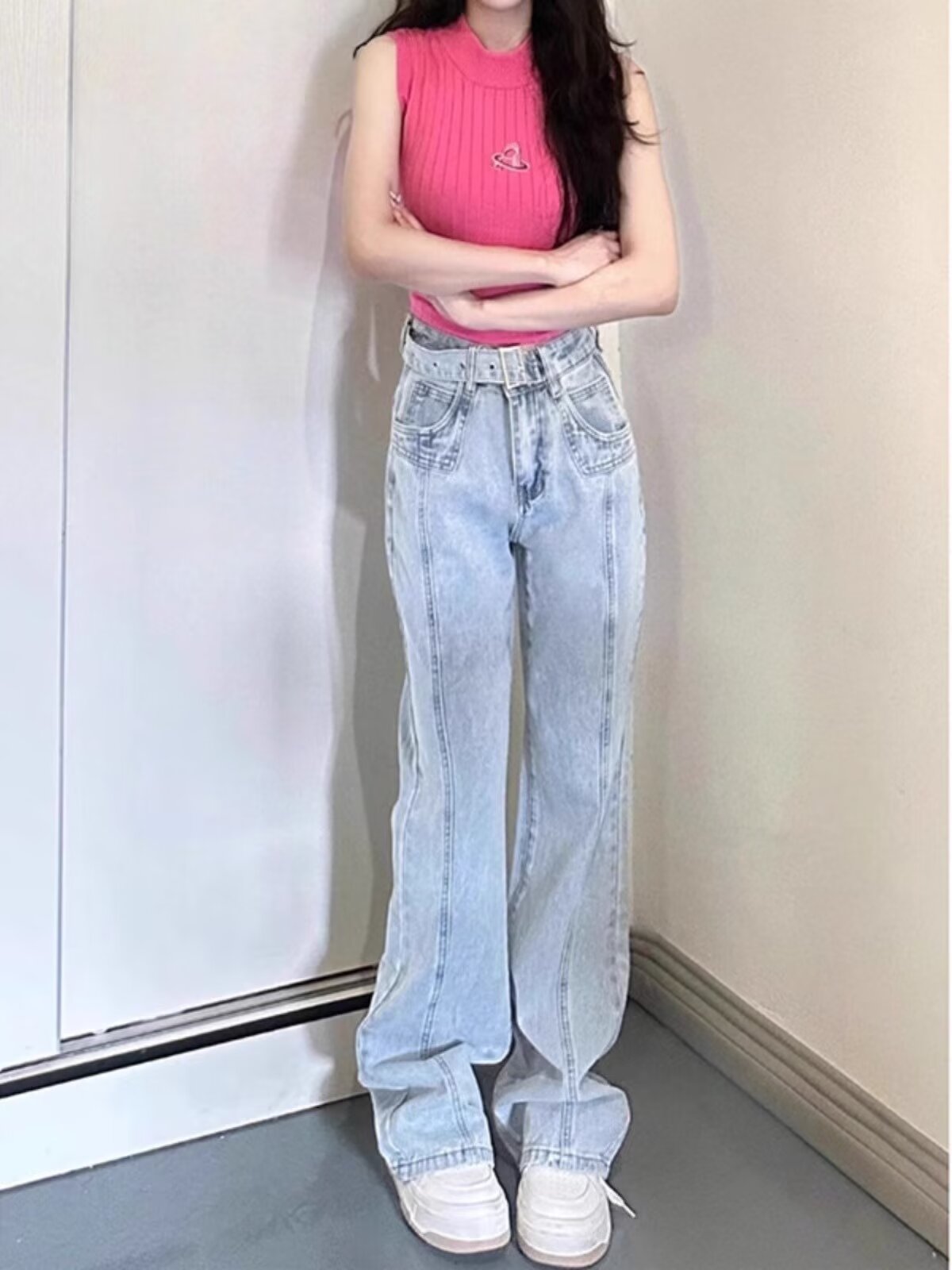 復古淺色高腰闊腿喇叭牛仔褲女直筒寬鬆顯瘦高街垂感微喇拖地褲子