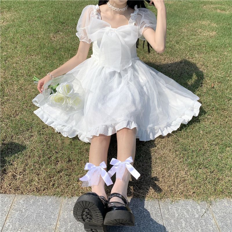 2024夏季蝴蝶結收腰顯瘦連衣裙泡泡袖蓬蓬公主裙