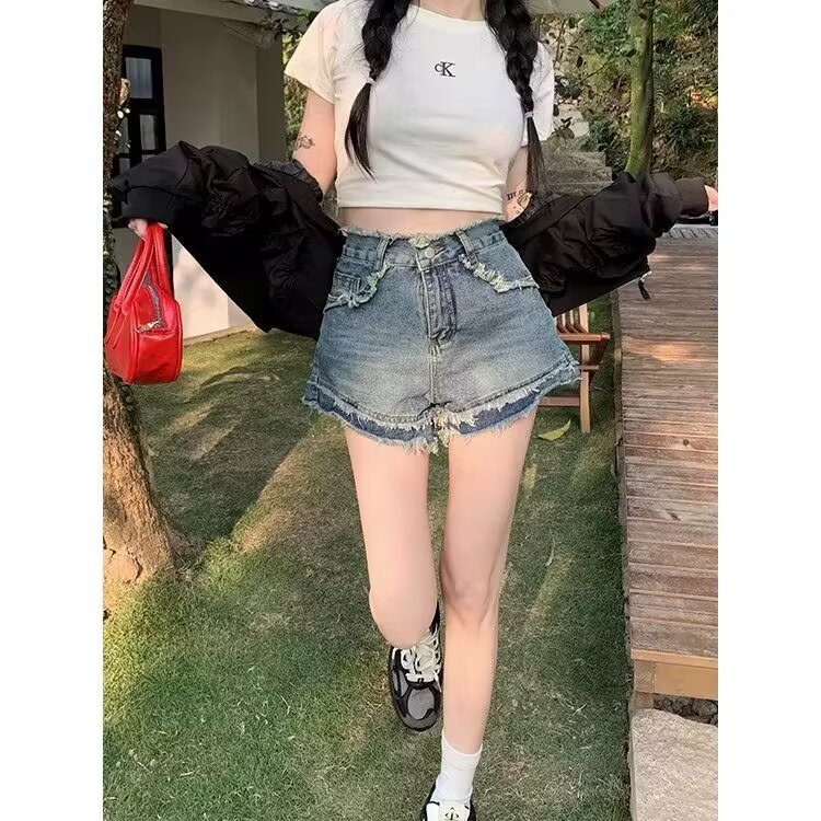 牛仔褲短褲女夏季薄款外穿顯瘦高腰毛邊淺色牛仔短褲