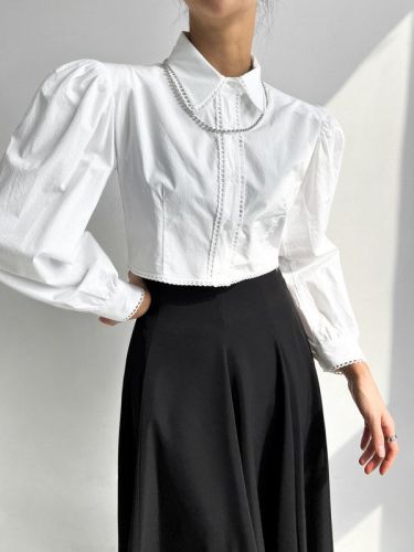 韩国chic春日气质花边泡泡袖衬衫女长袖短款白色衬衣 带垫肩