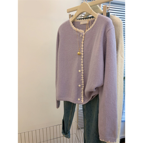 小香风圆领紫色花边针织开衫上衣女2024春季羊绒毛衣外套