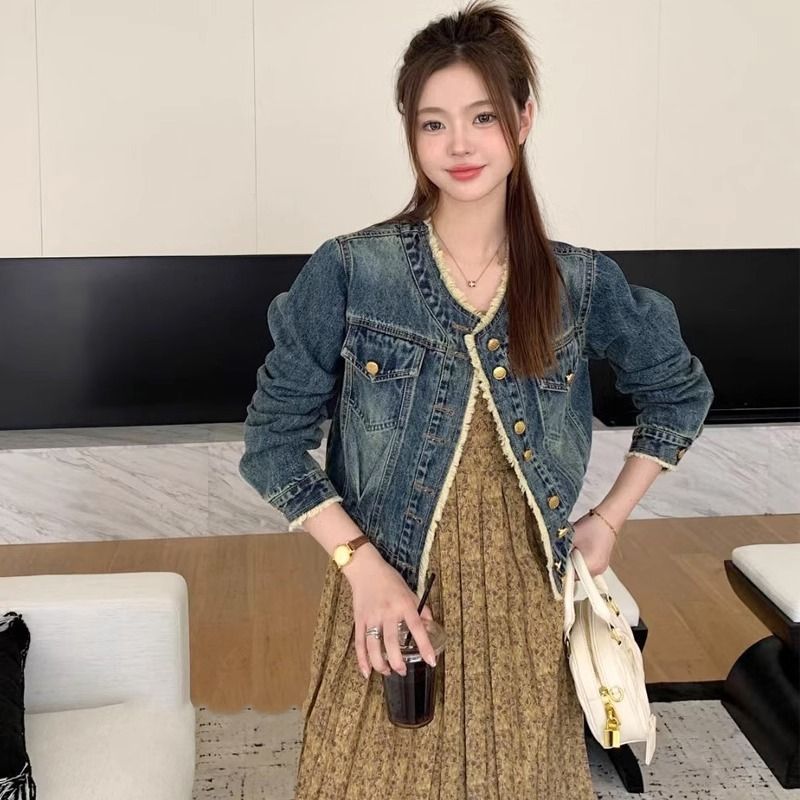 復古港風做舊毛邊圓領牛仔短外套女2024春新款高級感顯瘦時尚上衣