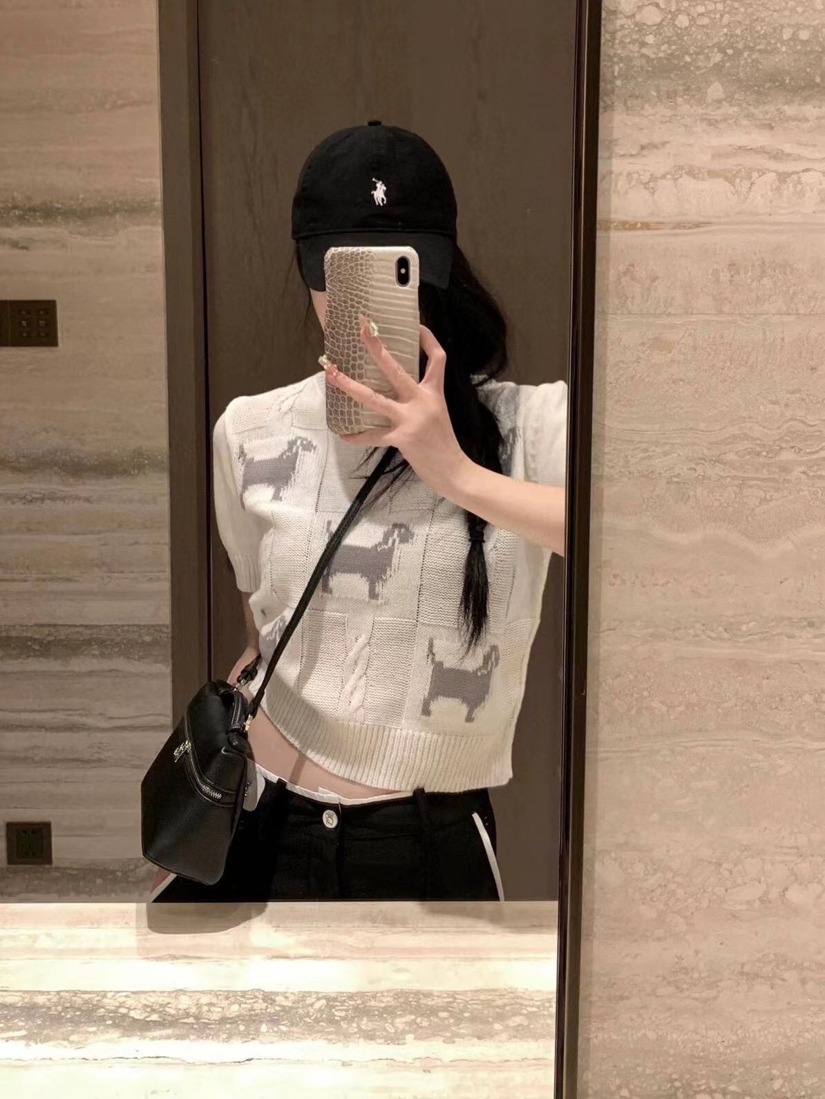 TB家方塊小狗毛衣短袖T恤女tee潮牌短款修身百搭休閒上衣設計感潮