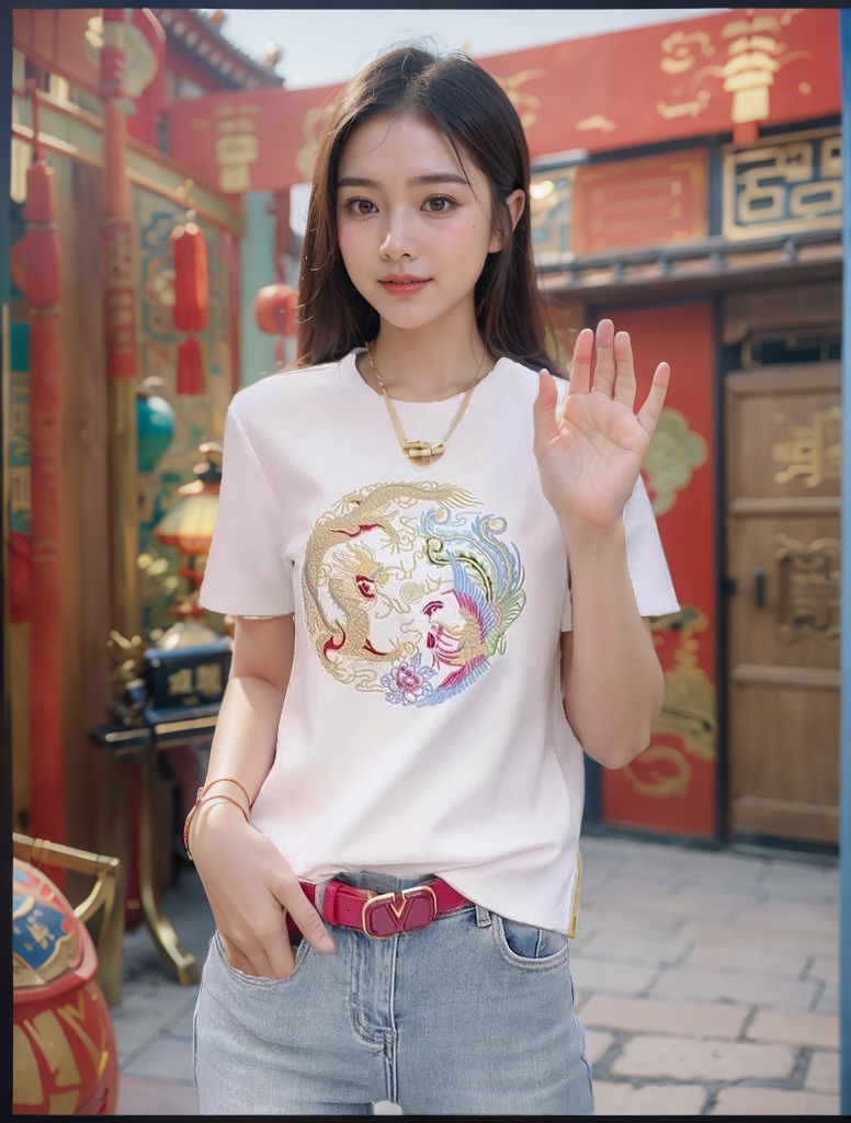 復古國風龍紋印花短袖t恤女春夏2024新款圓領打底衫百搭顯瘦上衣