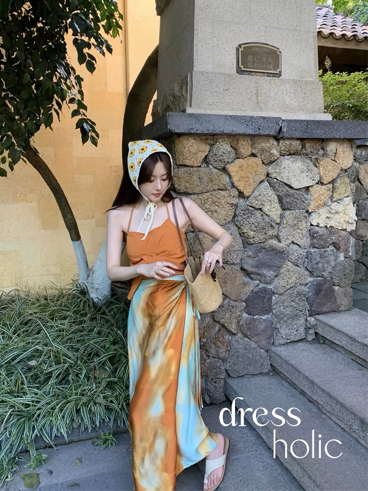dressholic夏日多巴胺度假風漸變橘色扎染半身裙打結設計小眾長裙