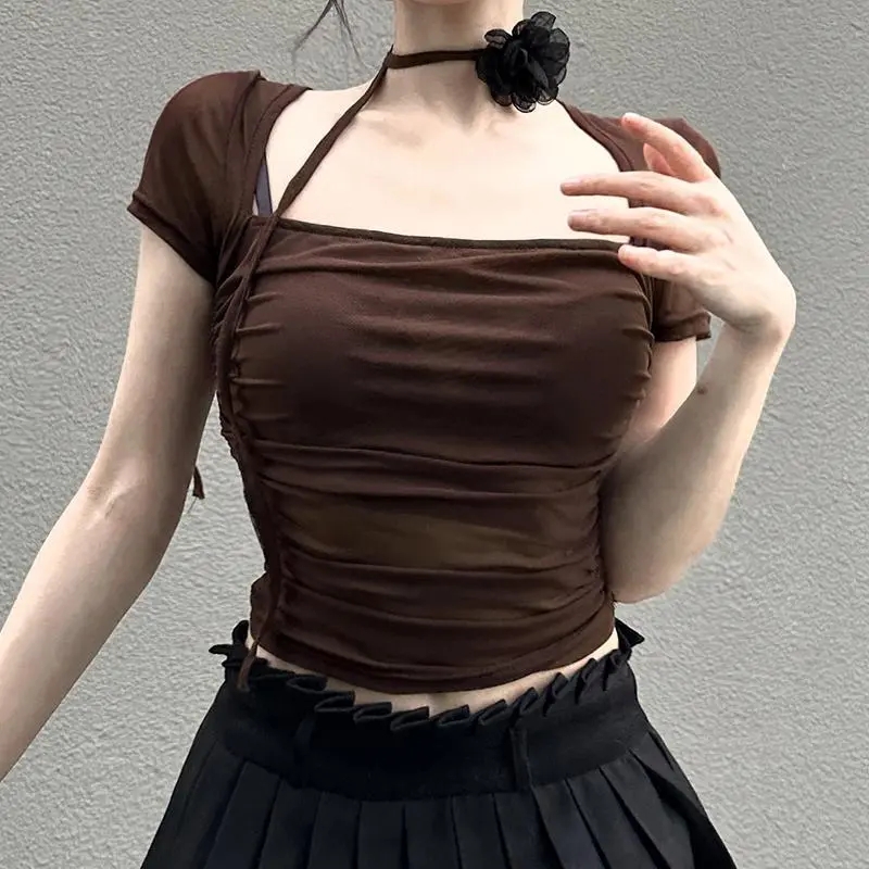 已出貨 法式復古美拉德風大方領網紗褶皺設計感小眾上衣女