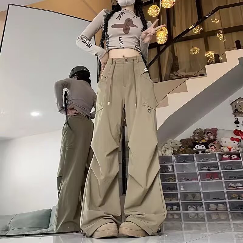 美式復古工裝褲女春季2024新款寬鬆高腰顯瘦直筒長褲休閒闊腿褲子