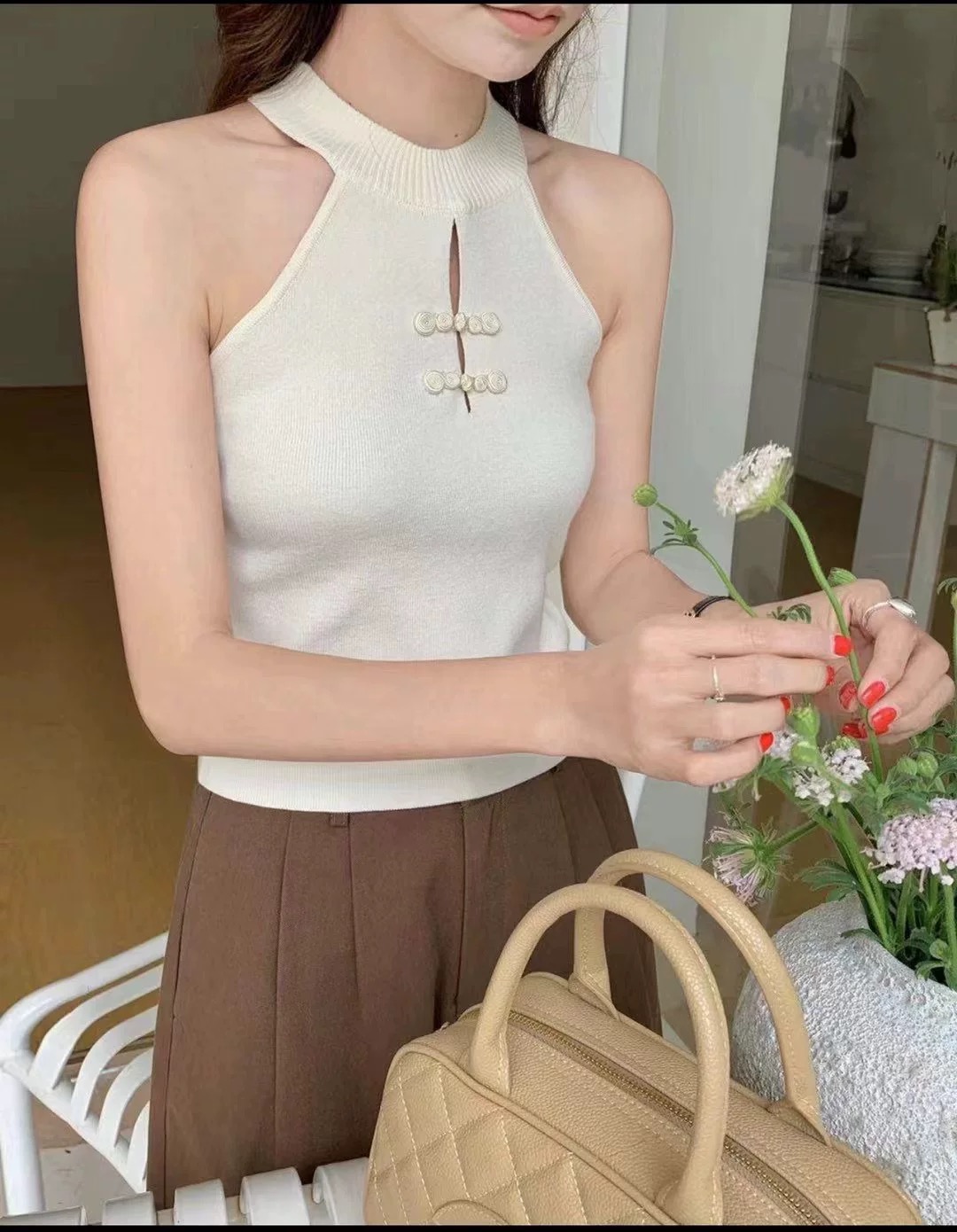 十三行新中式盤扣掛脖針織背心女春季新款無袖露肩修身顯瘦上衣