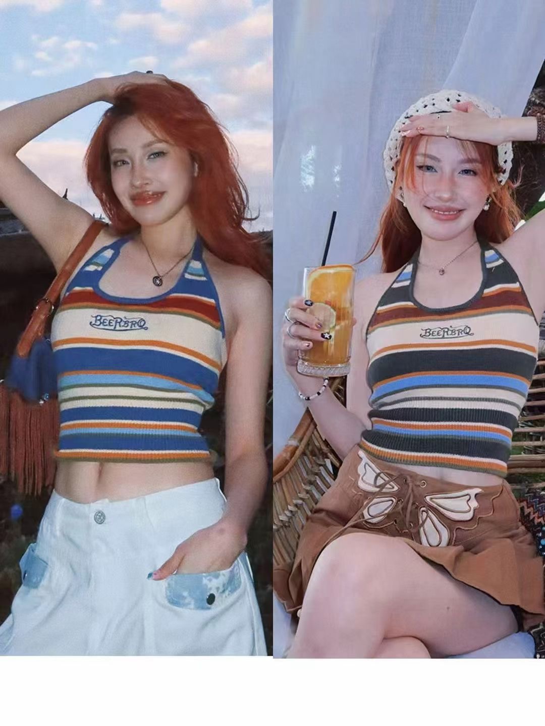 美式辣妹風短款掛脖針織背心夏季修身彩色條紋外穿內搭吊帶上衣