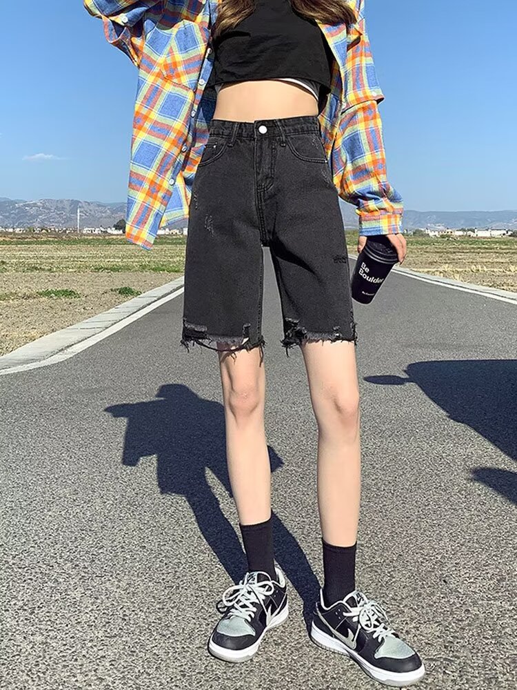 淺藍色破洞牛仔褲女春夏寬鬆直筒五分褲短褲復古小個子褲子