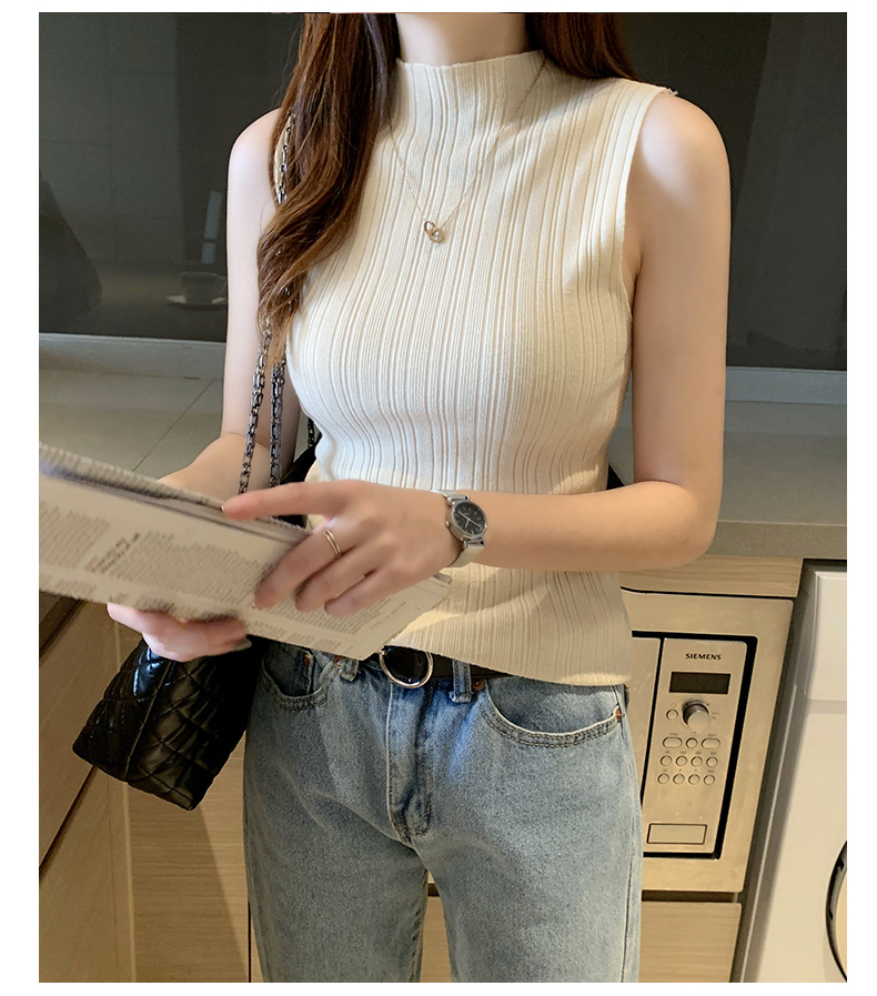 2024春季新款修身針織衫女夏季內搭毛衣背心半高領打底衫無袖上衣
