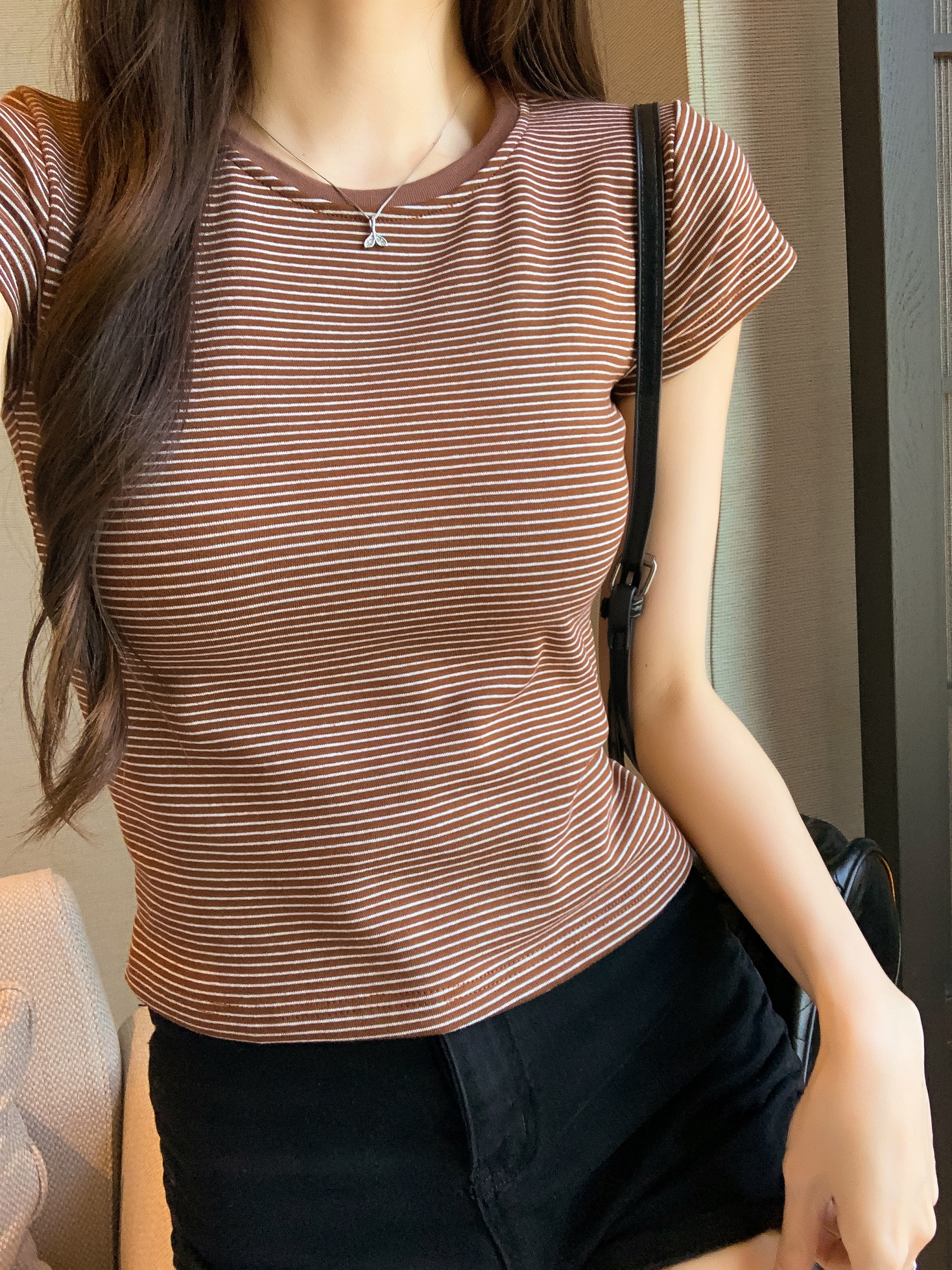 實拍夏季美式復古條紋短袖t恤女bm風百搭洋氣正肩短款上衣服