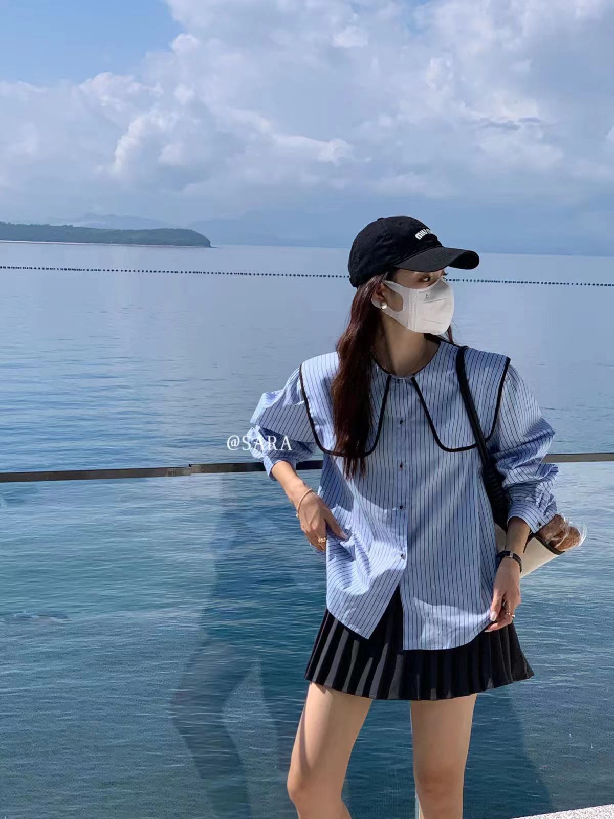韓版法式復古撞色條紋拼接長袖大翻領襯衫
