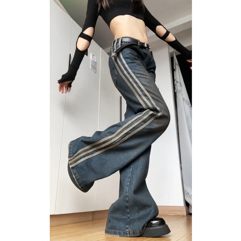 vibe美式高街條紋設計感闊腿牛仔褲女春夏oversize寬鬆直筒休閒褲