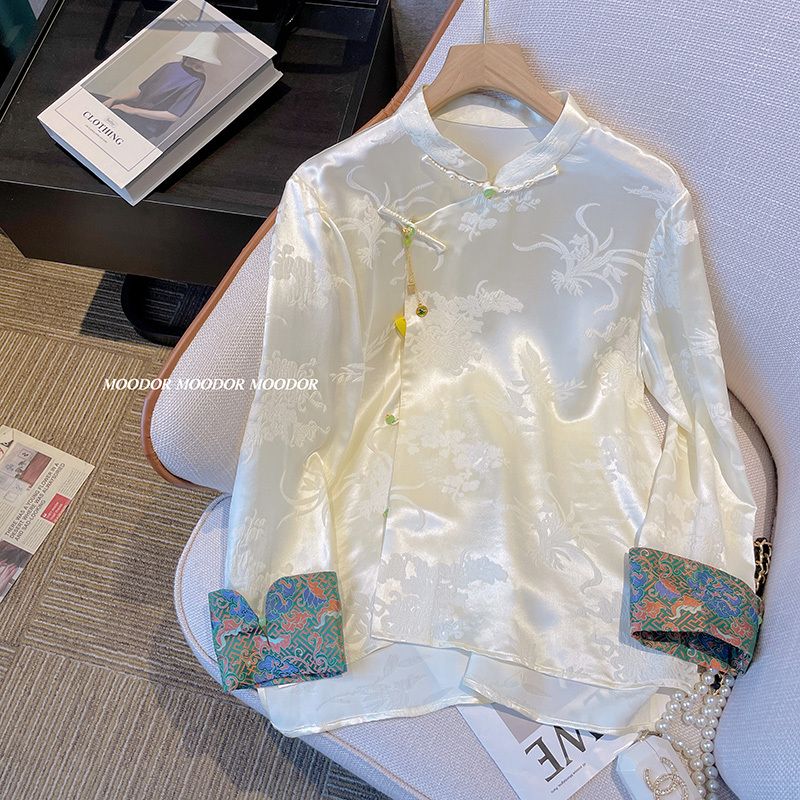 新中式醋酸緞面襯衫2024春款女裝新款盤扣立領輕國風白色提花上衣